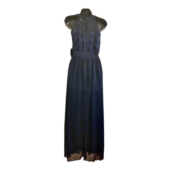 Dark blue sequin halter sheer chiffon faux wrap maxi evening dress gown size 10 - Picture 6 of 15